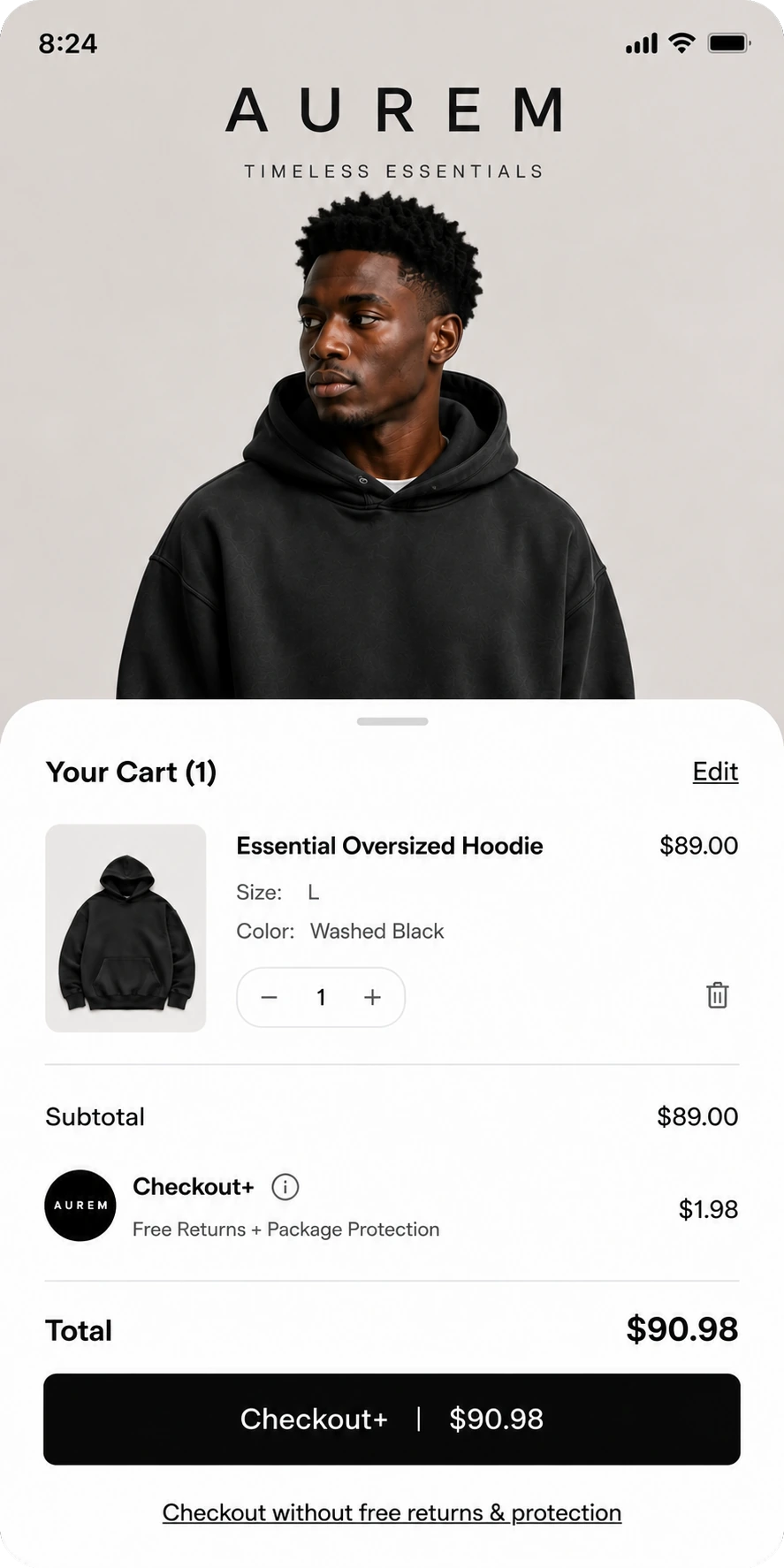 Checkout+ cart on a Shopify store, showing shipping protection and free returns added to the order