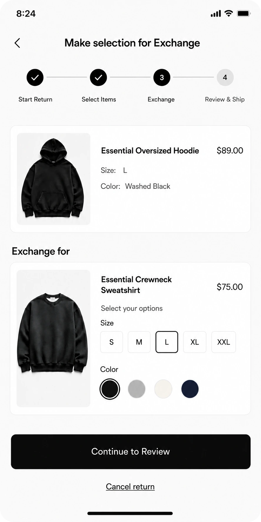Guide exchange flow, choosing a replacement size and color