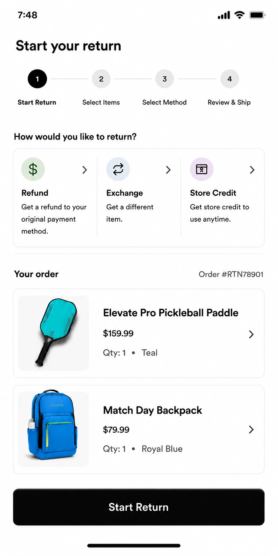 Guide returns portal, showing refund, exchange and store credit options