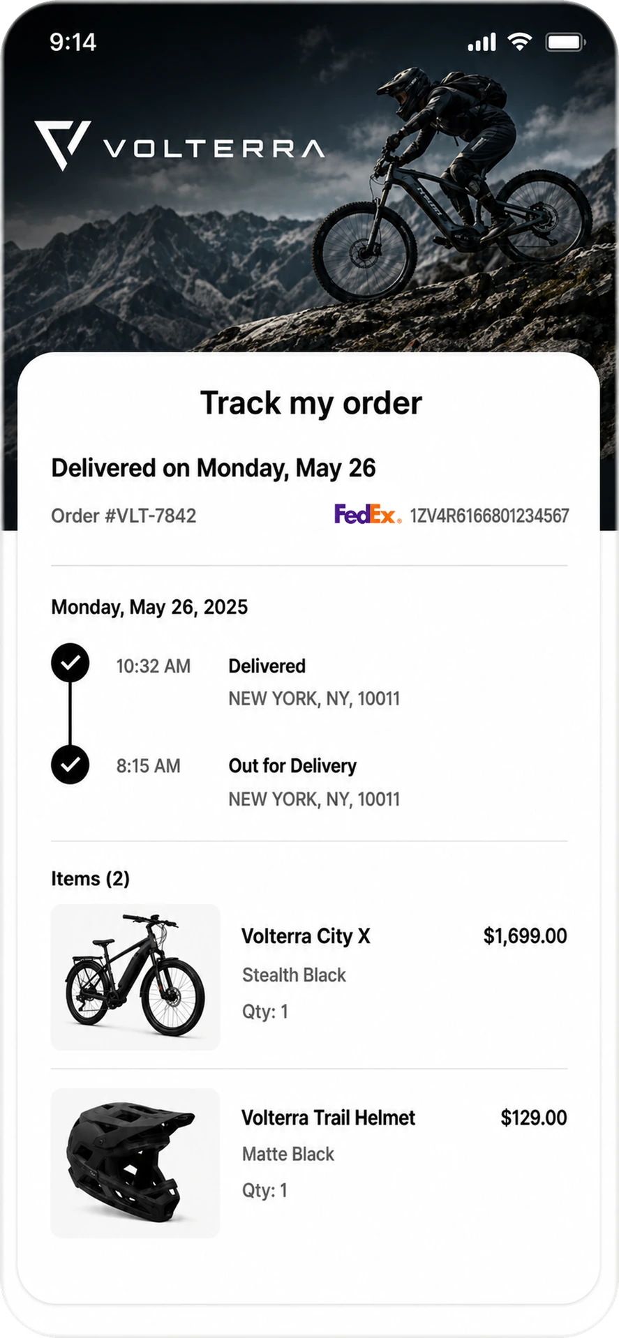 Branded order tracking page showing delivery milestones and order items